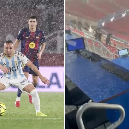 Una espectacular granizada sacude el Camp Nou en pleno partido y la zona de prensa acaba inundada