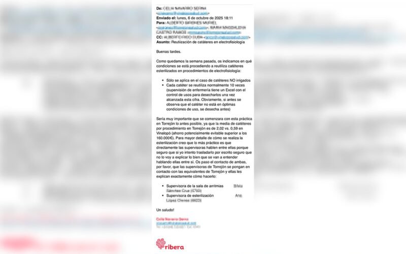 Ribera quería ahorrar 160.000 euros en el Hospital de Torrejón reutilizando material de un solo uso, como ya hacía en Elche