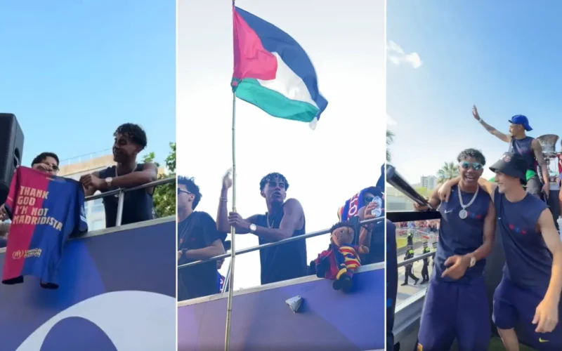 Show de Lamine Yamal en la rúa: ondea una bandera de Palestina y una camiseta con el mensaje «gracias a Dios, no soy madridista»